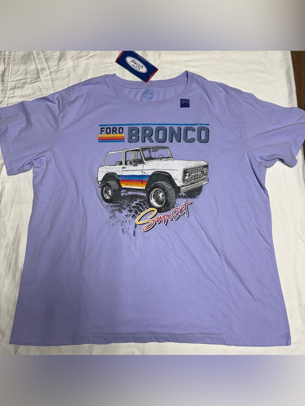 Ford Lavender Bronco Graphic Tee with Multicolor Stripe Accents - Picture 1 of 3